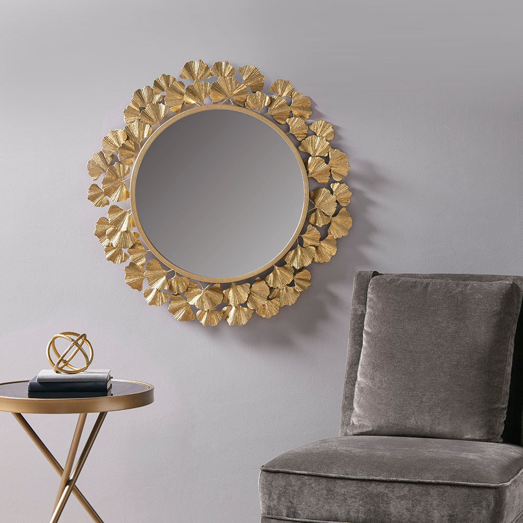 Elegant 30.5in Gold Ginkgo Leaf Round Wall Mirror for Stylish Decor