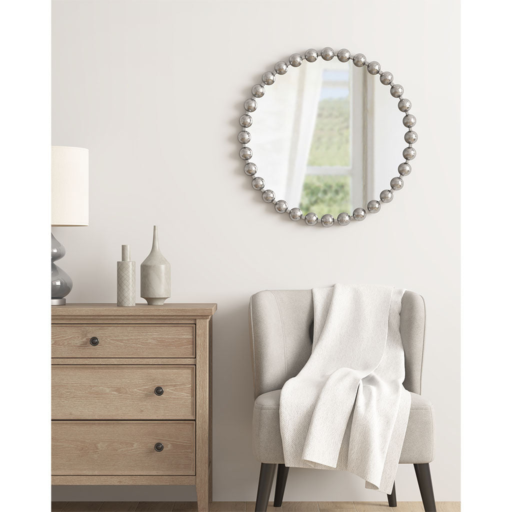 Stylish 27in Beaded Round Wall Mirror with Antique Silver Finish