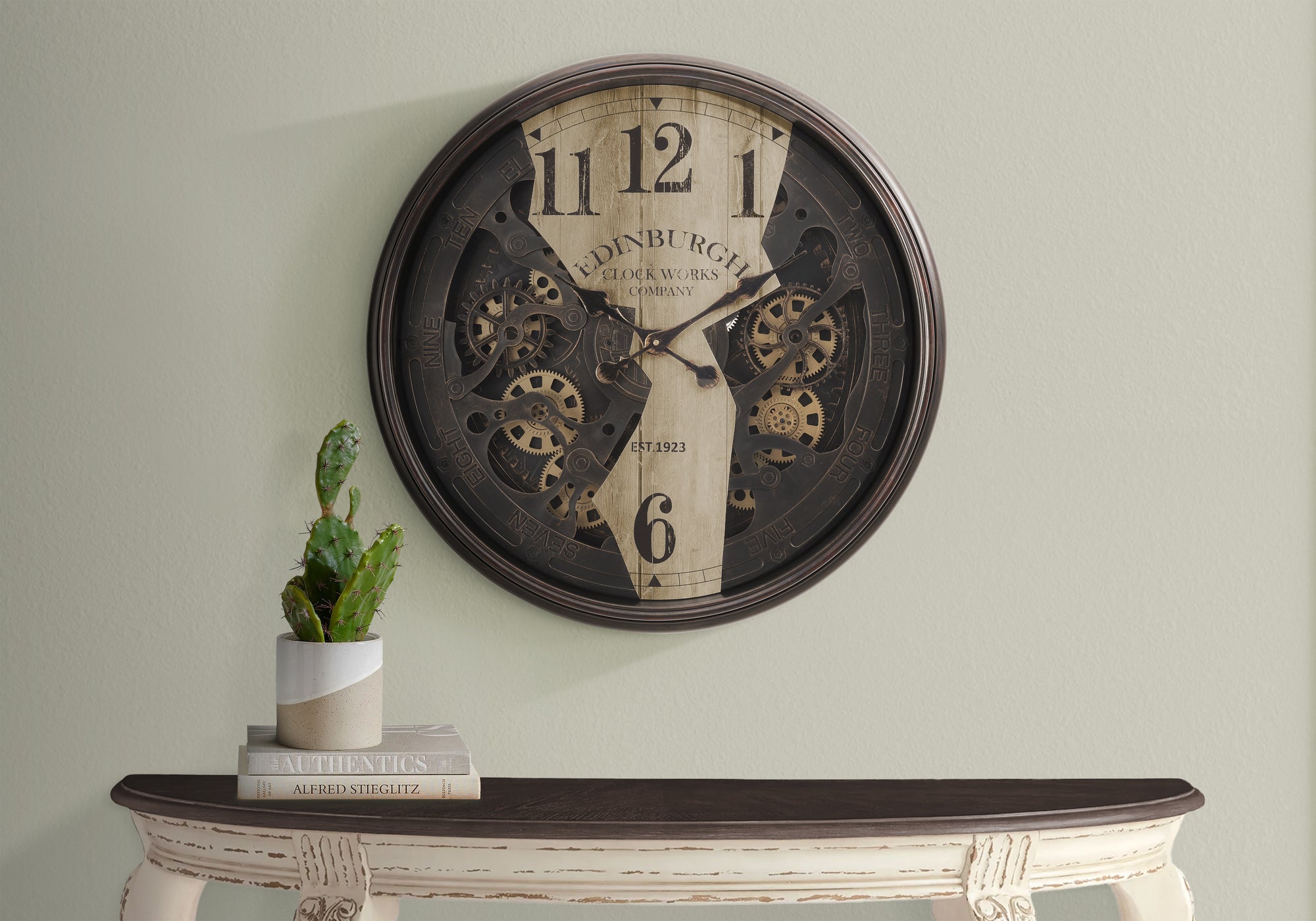 30in Round Wall Clock with Gear Mechanism - Brown Transitional Design