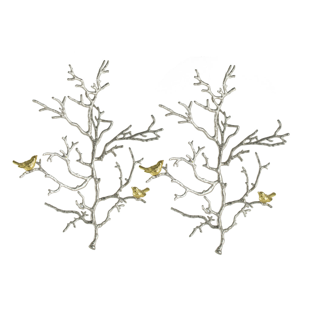 Elegant 17x5.5x22in Metal Branch Wall Sculptures with Bird Accents - Set of 2