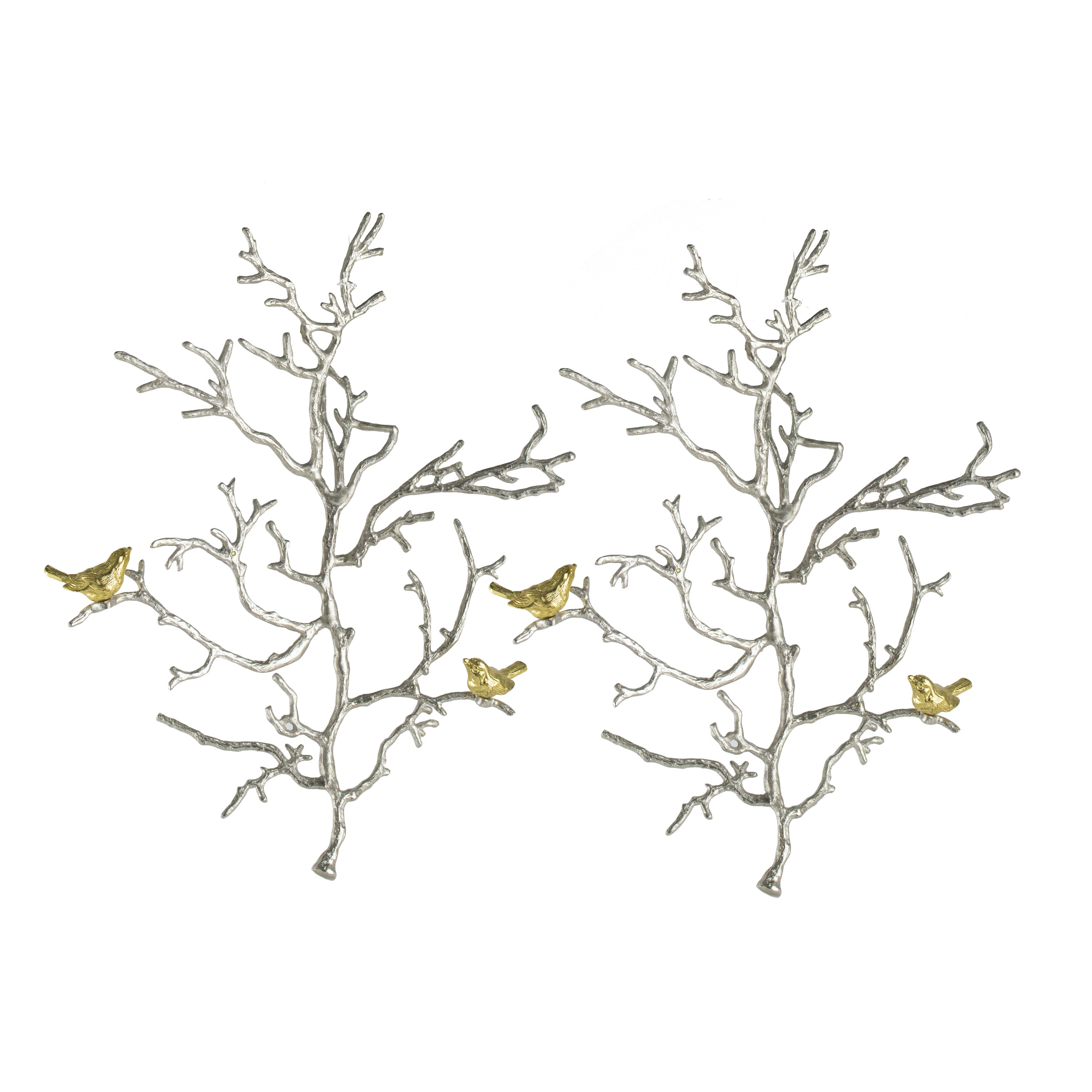 Elegant 17x5.5x22in Metal Branch Wall Sculptures with Bird Accents - Set of 2