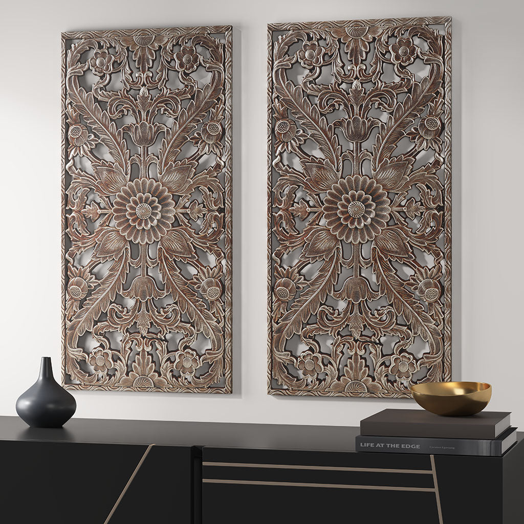 Elegant Distressed Carved Wood 2-Piece Wall Decor Set for Home