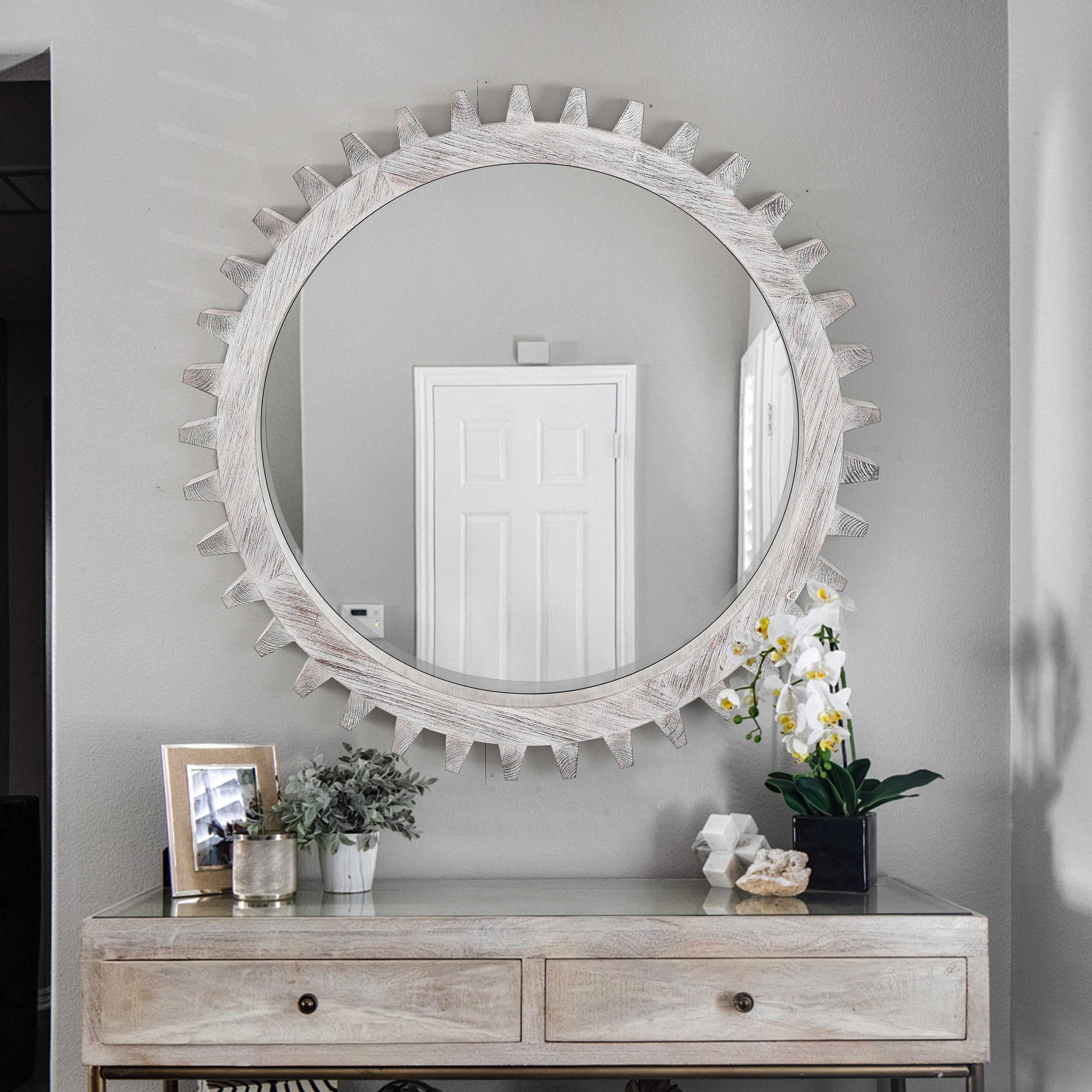 Vintage 34in Round Gear-Shaped Mirror - Elegant Decor for Any Space