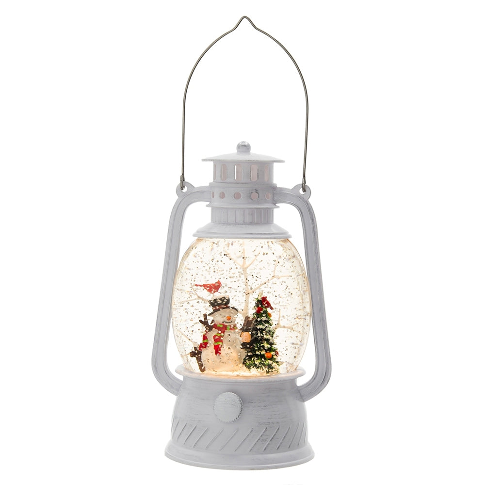 Charming 4.7in White Lantern with Snowman & Tree - LED Spinning Decor