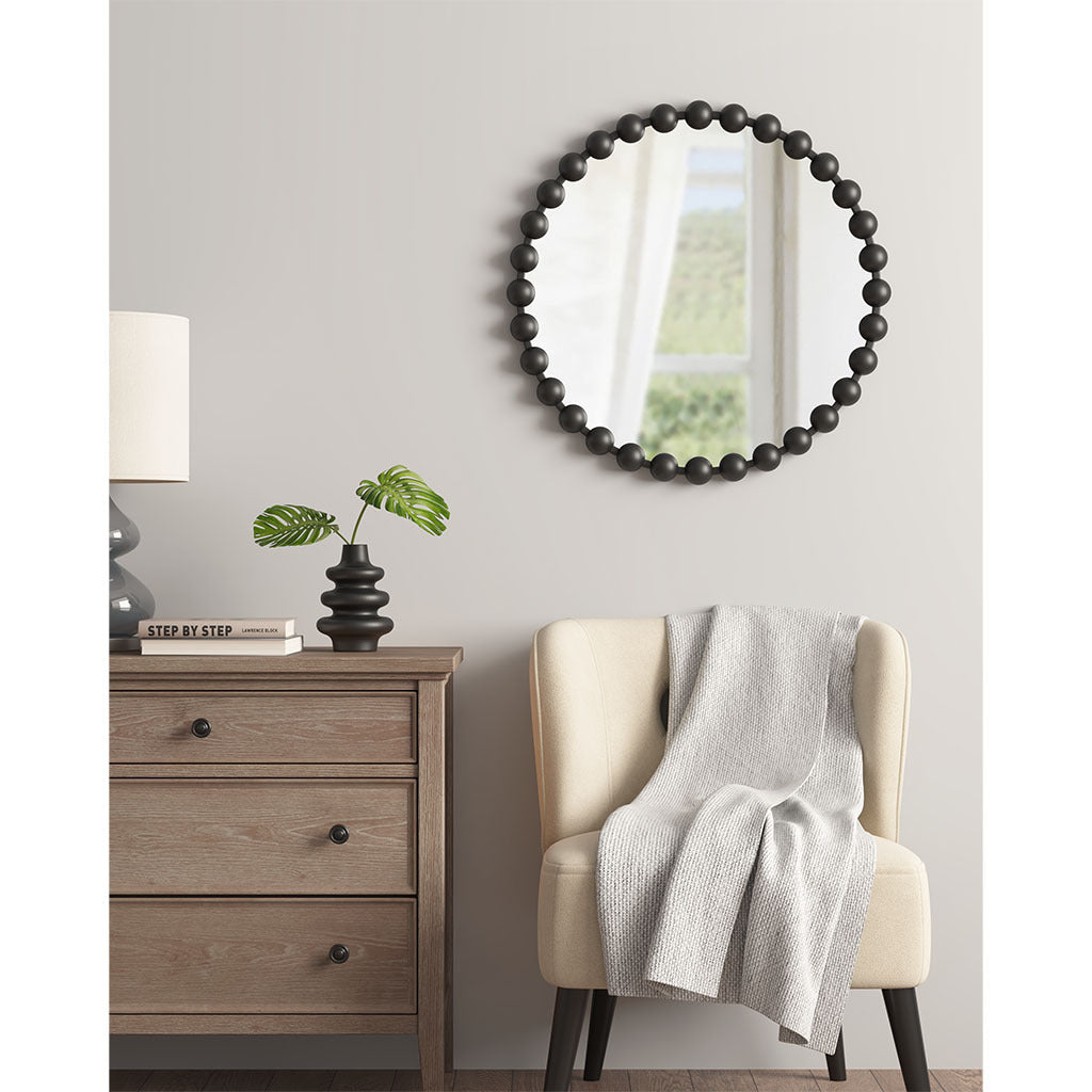 Elegant Beaded Round Wall Mirror - Matte Black Frame, 27in Diameter