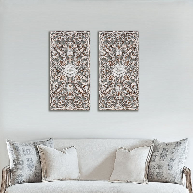 Botanical Distressed Carved Wood Wall Decor Set - 2 PCS with Lotus Design