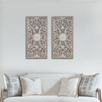 Botanical Distressed Carved Wood Wall Decor Set - 2 PCS with Lotus Design