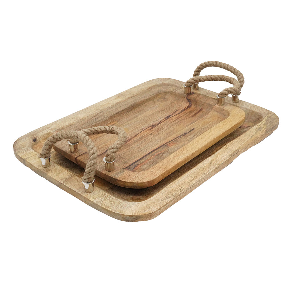 Elegant S/2 Tabari Wood Trays with Jute Handles for Versatile Serving