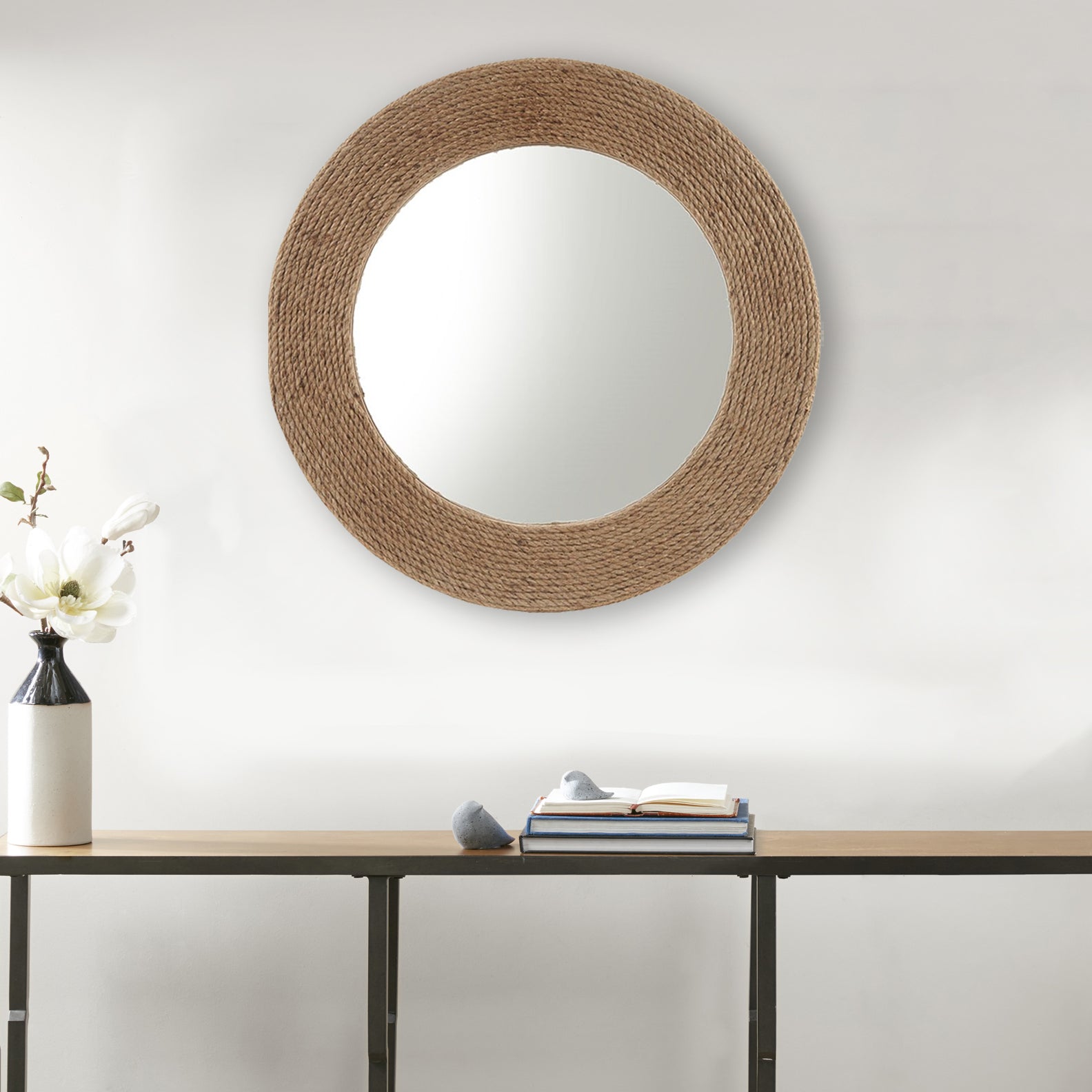 Stylish 26in Natural Jute Rope Round Wall Mirror for Any Decor