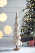 Elegant Fringed Cone Tree with Wooden Base - Festive Holiday Decor