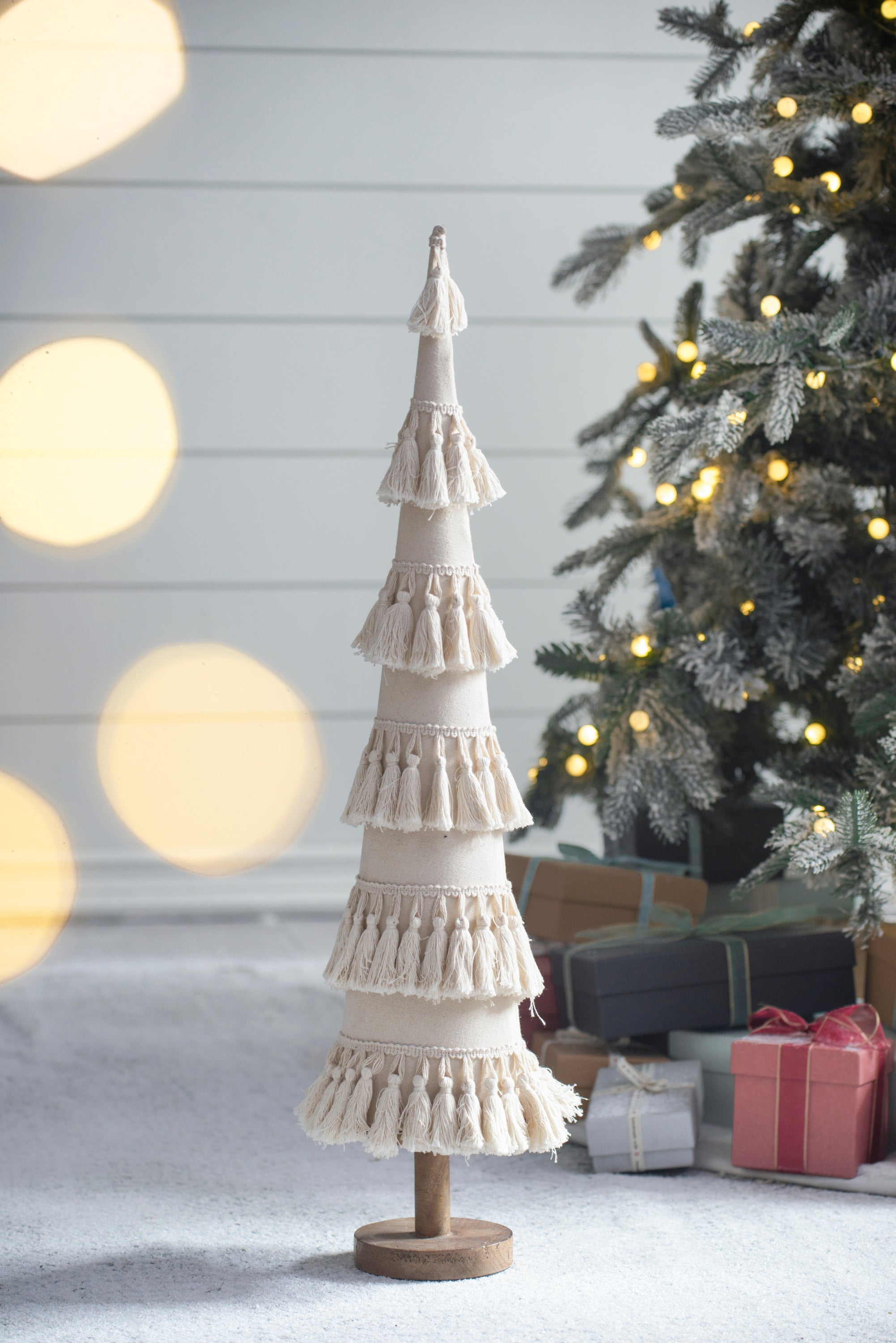 Elegant Fringed Cone Tree with Wooden Base - Festive Holiday Decor