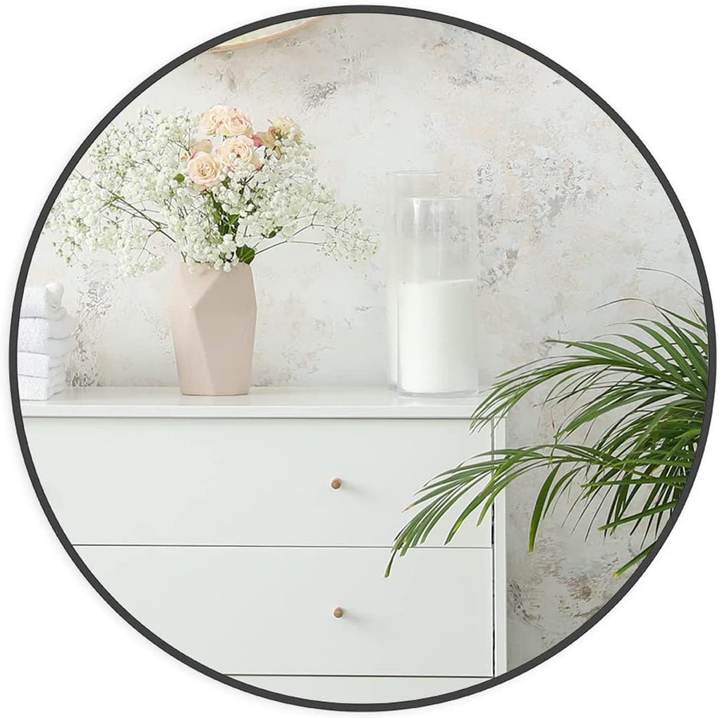 Elegant 30-Inch Black Metal Framed Round Bathroom Mirror for Wall