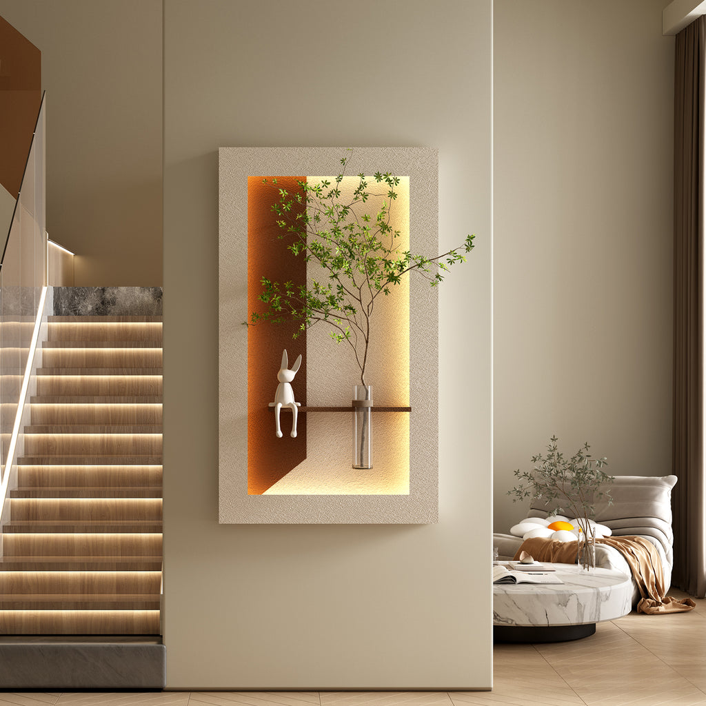 Elegant 3-Color LED Wall Decor with Plants & Rabbit Statue - Versatile Art