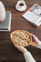 Handcrafted Teak Wood Decorative Bowl with Handle - Natural Brown Accent